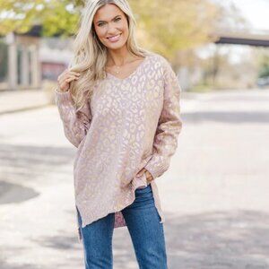 Twenty Ten Don't Let Me Go Mauve Pink Metallic Leopard Sweater